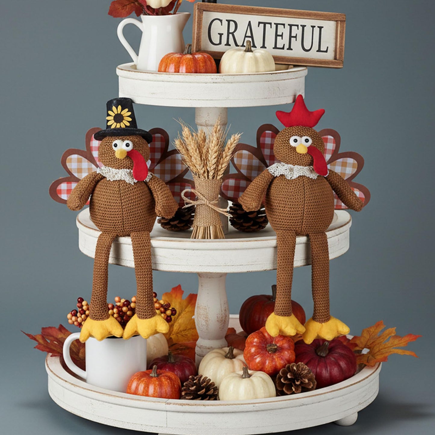 MWDJPXY Christmas Decorations Set of 2 Turkeys with Dangling Legs, Turkey Couple Doll Plush Kit Tabletop Centerpieces for Fall Harvest Home Decor Kitchen Shelf (Brown)
