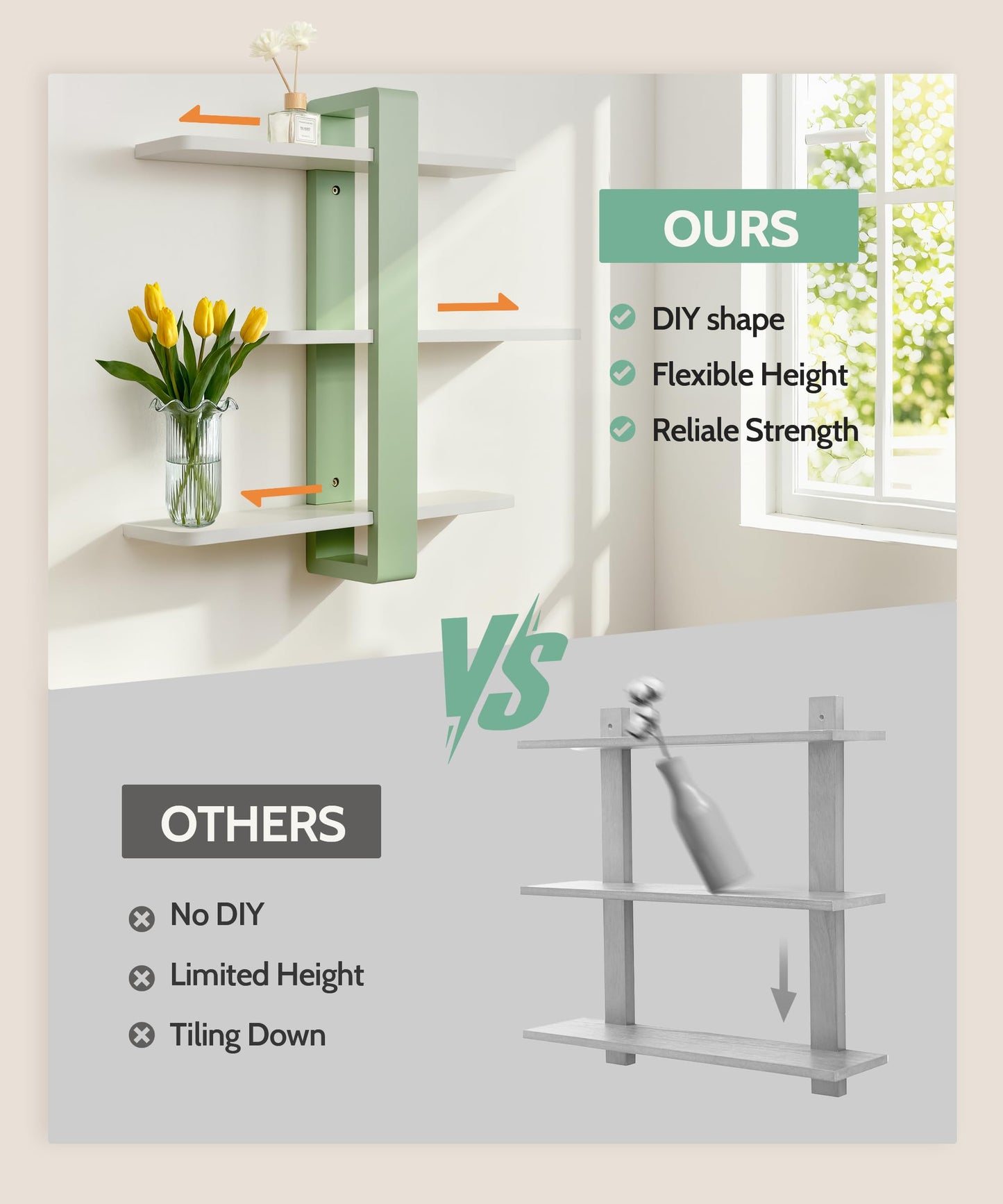 SUMGAR Green Floating Shelves for Wall Mounted Shelving Unit All Pine Wood 3 Tier Large Shelf for Bedroom Living Room Office Bathroom Home Decoration Storage Plant Photo Display Modern 20in Mint Green