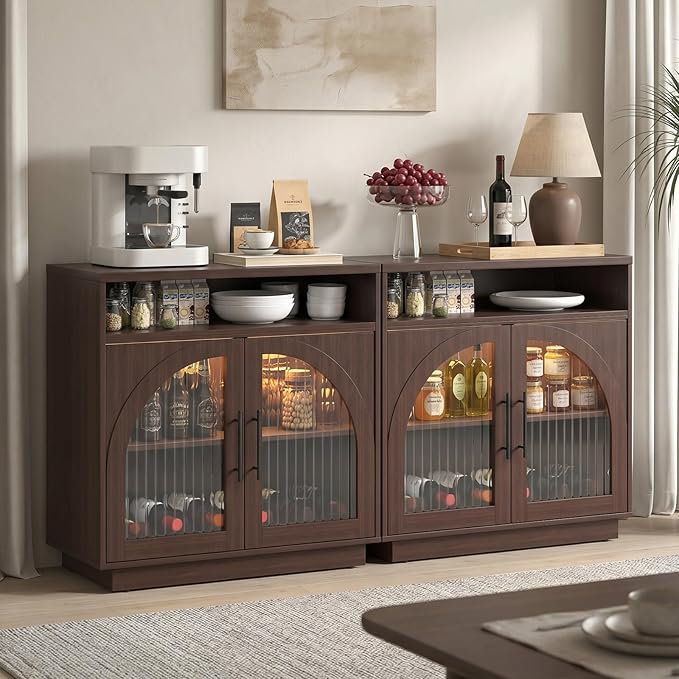Sideboard Buffet Cabinet with Storage, Wine Bar Cabinet with Arched Glass Doors