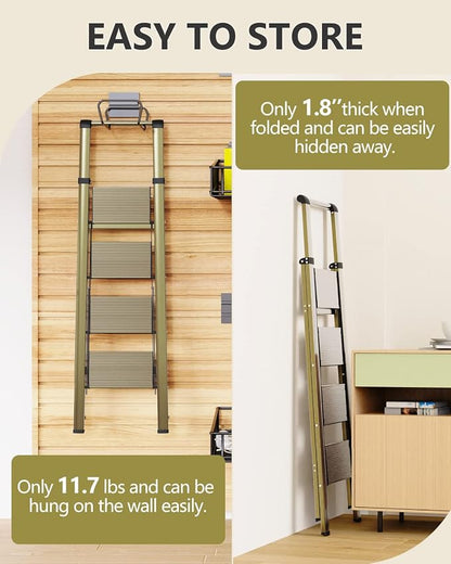 WOA WOA 4 Step Ladder, Ladders for Home, Anti-Slip Pedals, Aluminum Step Stool Foldable, Lightweight to Move, Ease of Storage, Reach 9ft for Closet Kitchen Library, Hold 300lbs - Gold
