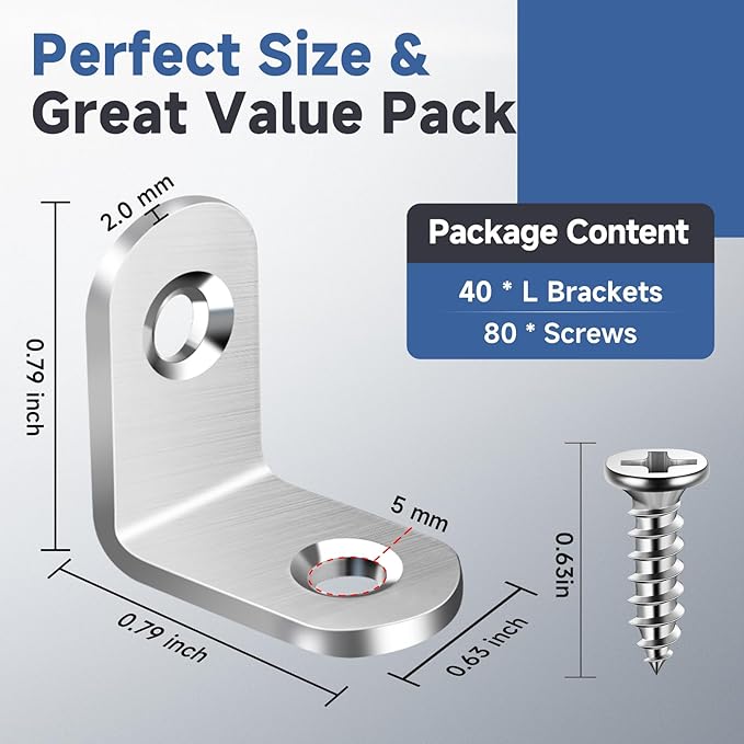 40PCS L Bracket Corner Brace Sets, Stainless Steel L Brackets
