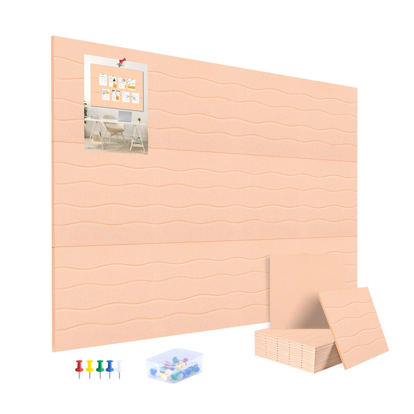 AKONEGE Felt Bulletin Board Tiles 12 Pack, 48" x 36" Cork Board Alternative, DIY Pin Board Wall Tiles for Photo Wall, Vision Board, Room & Home Office Decor, Stick-On with Adhesive Tabs, Peach Beige