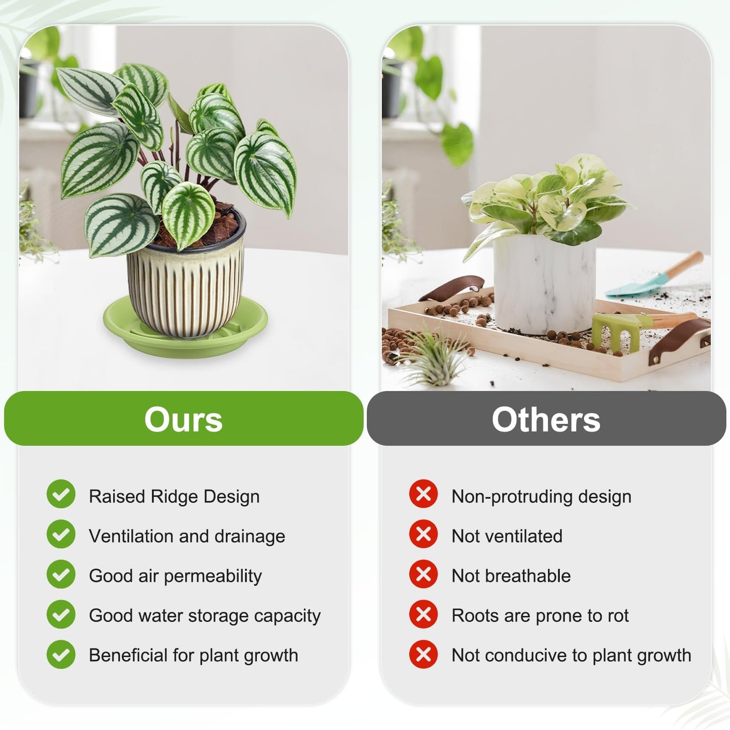 M METERXITY 2-Pack Plant Saucers, 7.3 Inch ID Anti-Rot Root Resin Flower Pot Plant Saucers for Indoor/Outdoor, Flowerpot Drip Tray [9.4 Inch OD, Fruit Green]