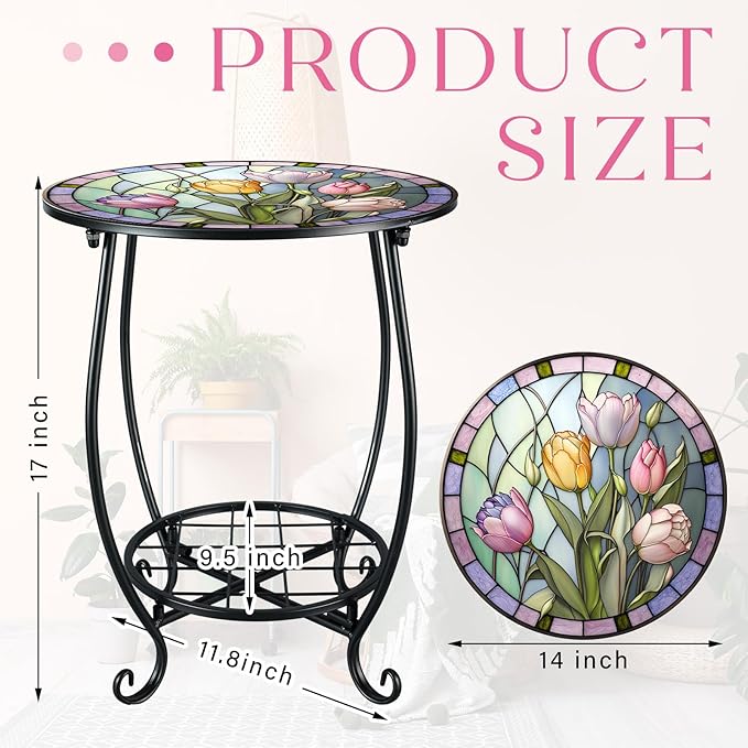 Cinnvoice Outdoor Side Table Round Small Mosaic Patio Accent Indoor End Plant