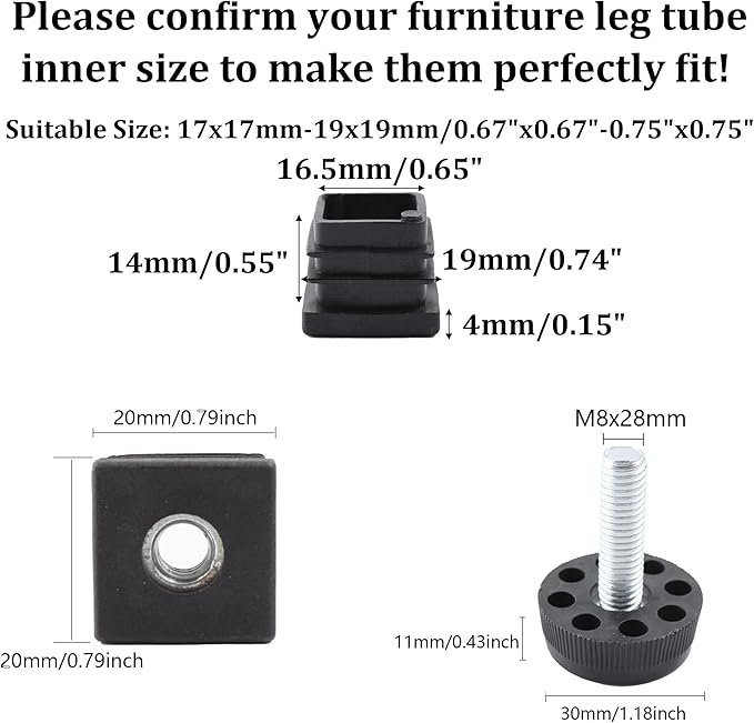8Pcs Adjustable Leveling Feet, Square Insert Kit, Furniture Glide Leveler