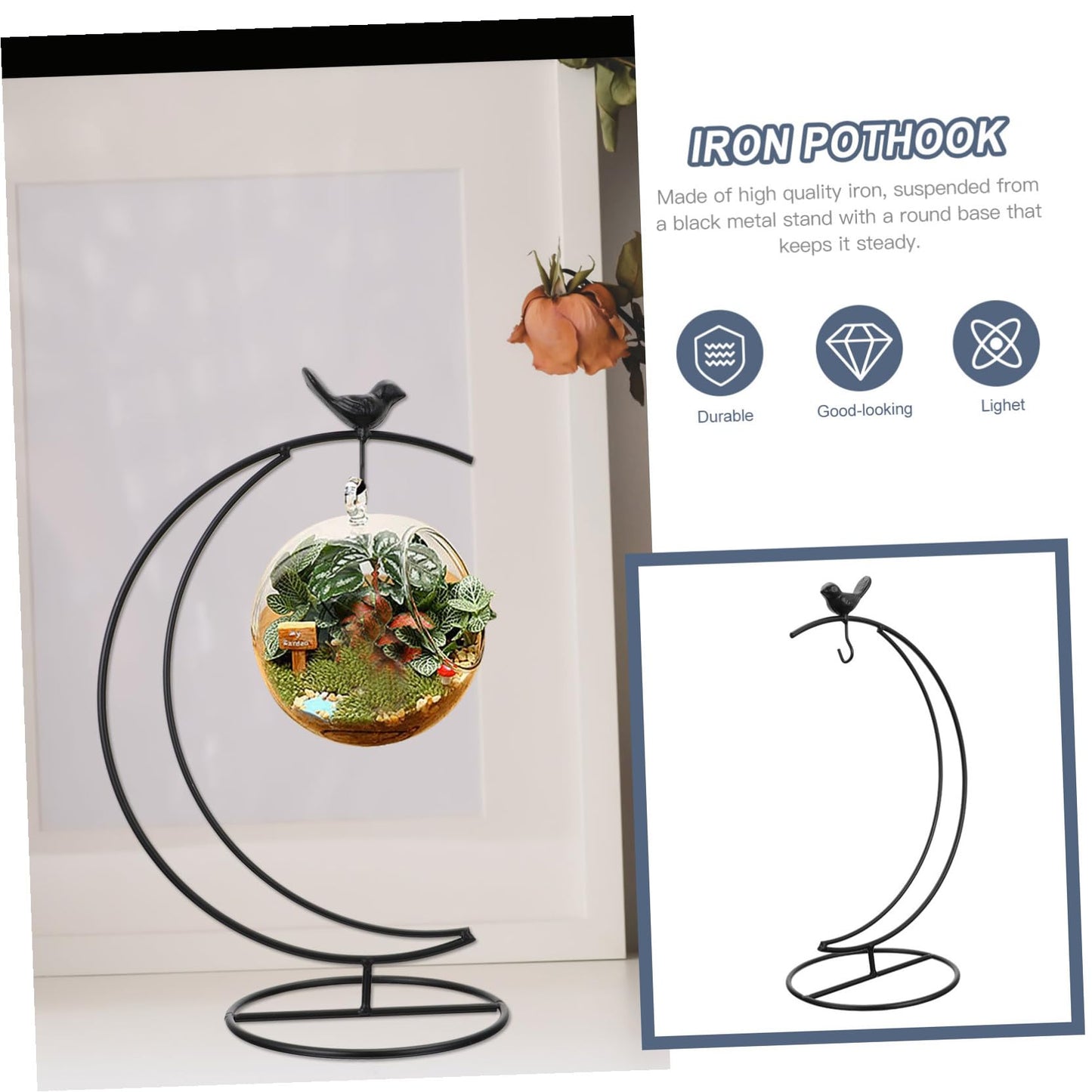 Garneck Moon-shaped Bird Iron Frame Display Stand for Indoor Decor Plant Terrarium Stand Ornament Hanger String