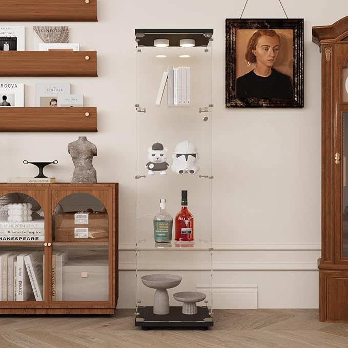 Glass Display Cabinet with LED Light and Lock, 4-Shelf Fast Installation Curio