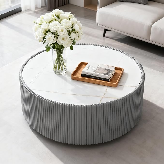 29.52" Round Marble Coffee Table, Modern Fluted Coffee Table w/White Sintered
