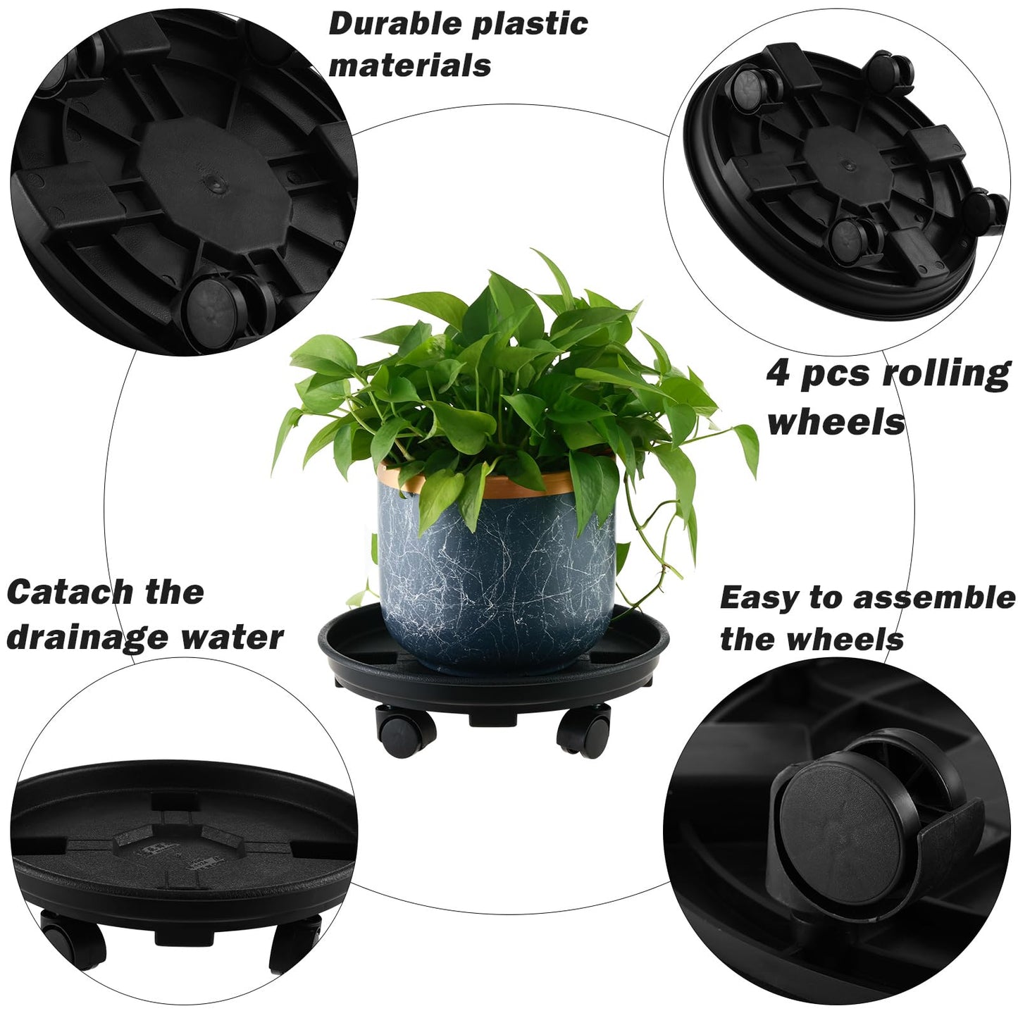 6 Packs 11.8 Inches Large Plant Caddy with Wheels Plant Saucers on Wheels Rolling Plant Stands Heavy-duty Plant Dolly Plastic Planter Roller Base Pot Movers Outdoor Plant Tray Coaster, Black