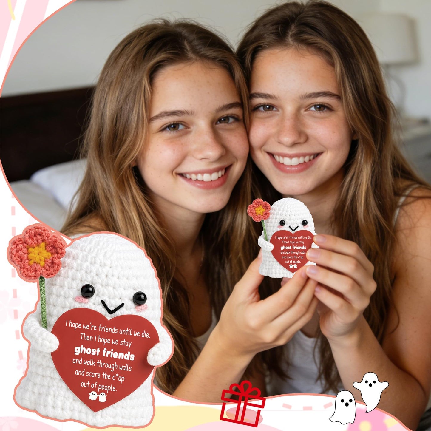 Best Friend for Women Friendship Ornaments - Handmade Crochet Ghost Decor with Funny Boo BFF Message Card, Halloween Stocking Stuffers, Cute Birthday Gift for Bestie Soul Sister