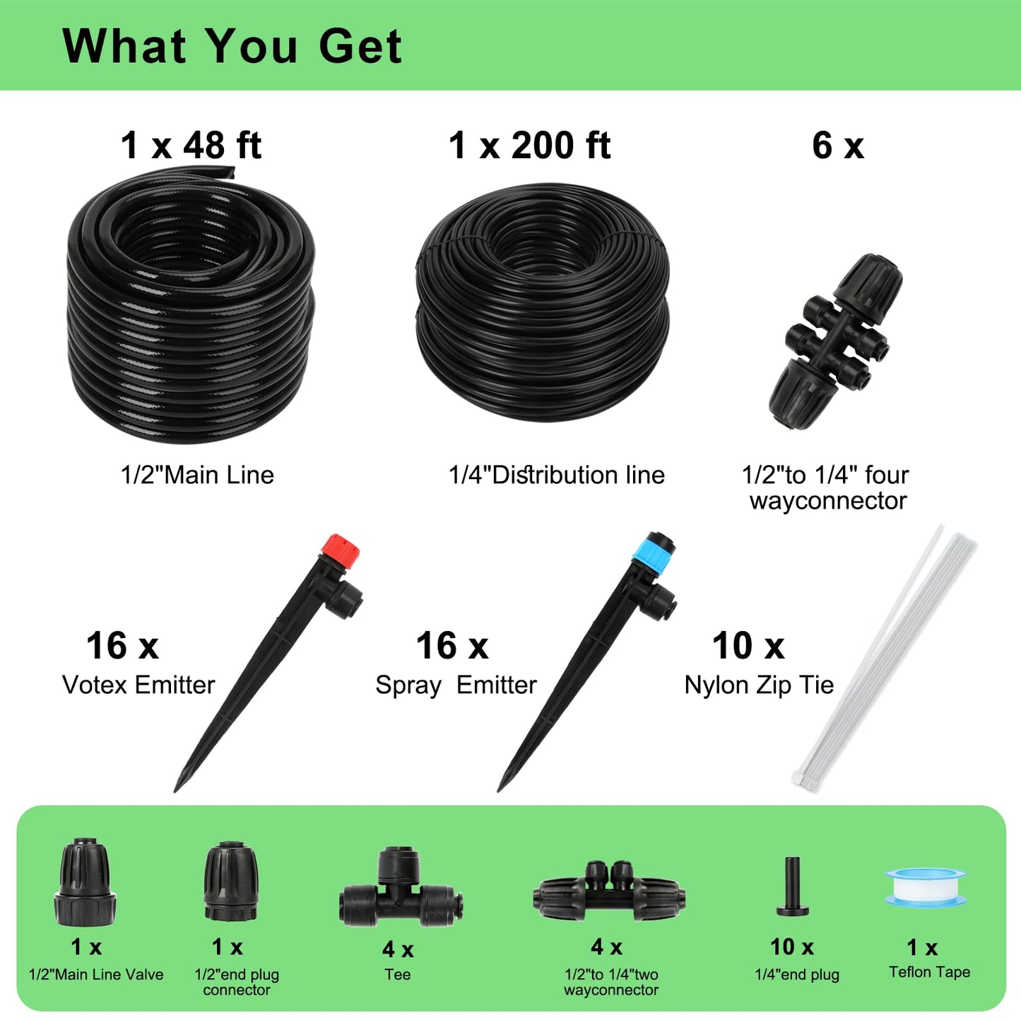 250FT Drip Irrigation System for Garden - 50FT 1/2" Main Tube & 200FT 1/4" Branch Tubing, Brass Splitter, Quick Connect Design, Perfect for Outdoor Plants, Raised Beds, Greenhouses