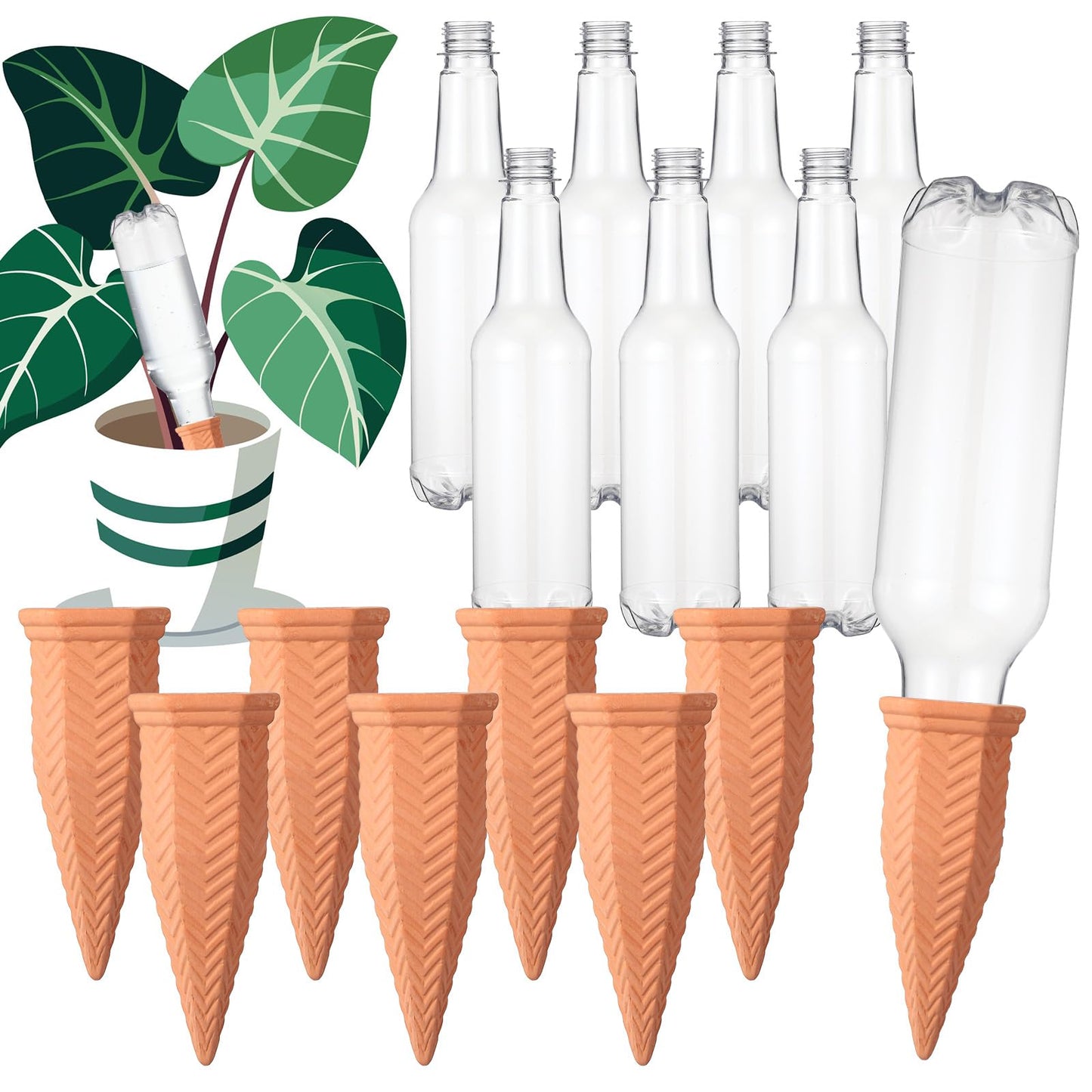 Baderke 8 Pack Plant Self Watering Spikes with 8 Pack 500 ml Plastic Wine Bottles, Automatic Terracotta Self Watering Devices for Garden Indoor Outdoor Plant