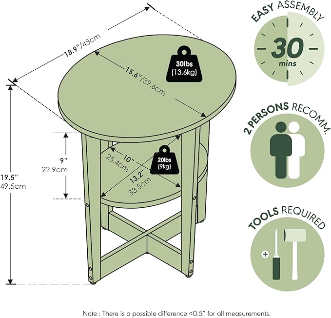 Furinno JAYA Side Table, 2-Tier Round Modern End Table
