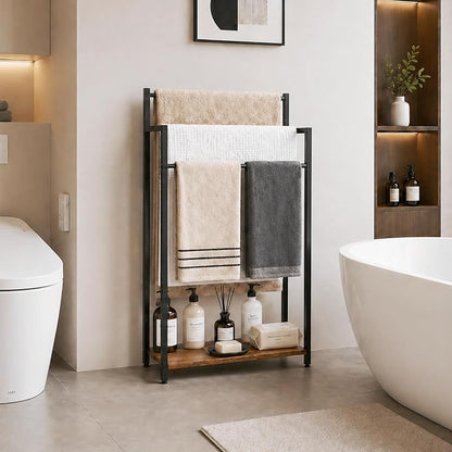 Freestanding Towel Rack, 3 Tier Blanket Ladder Stand with Rustic Brown Wooden Shelf for Bathroom Living Room (31.5" H x 16.9" W x7.9 D)