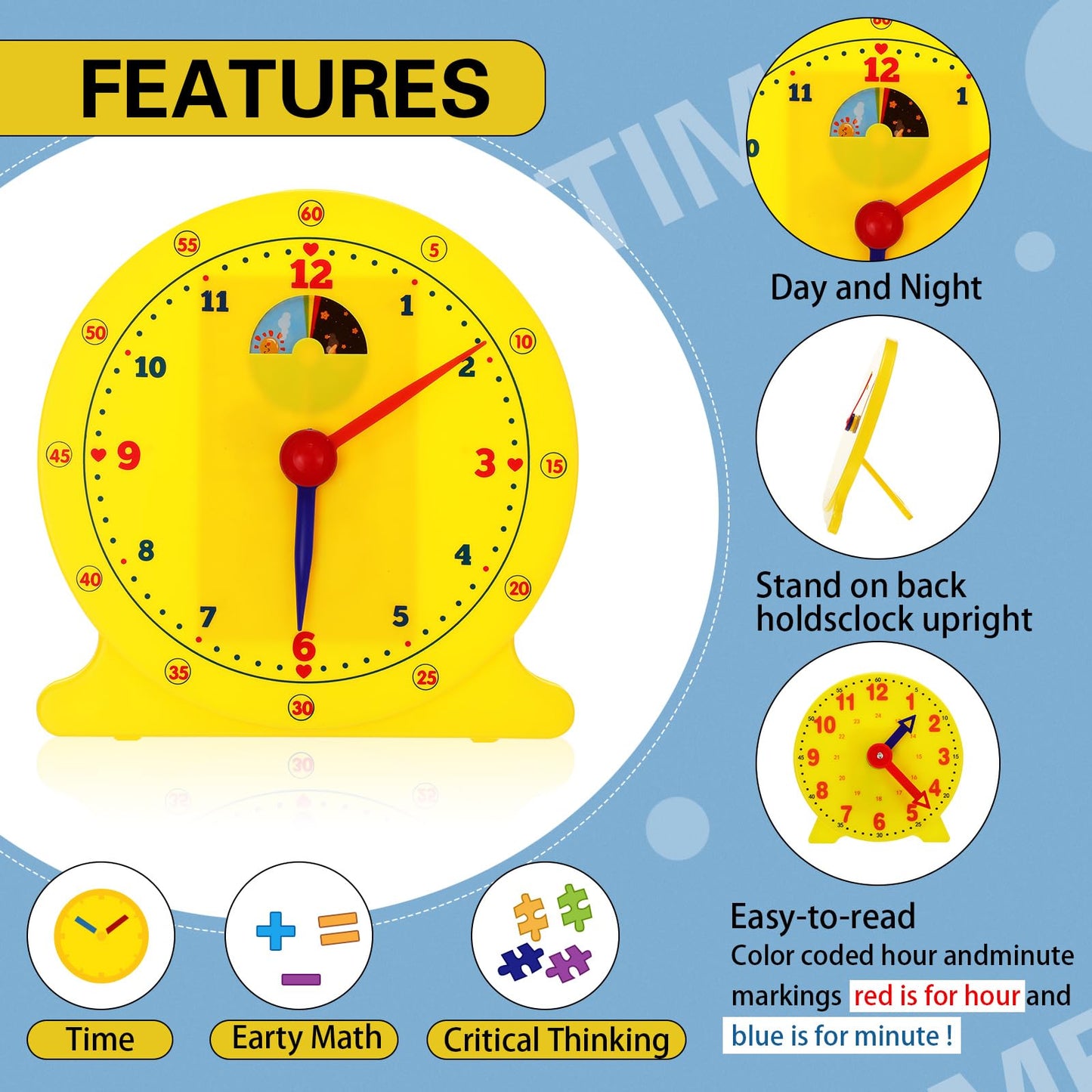 Lenwen 26 Pcs Classroom Clock Kit 24 Hours Learn to Tell Time Teaching Clock Toy for Kids Teaching Time Resources for Kids Learning Teacher Classroom Supplies (Yellow)