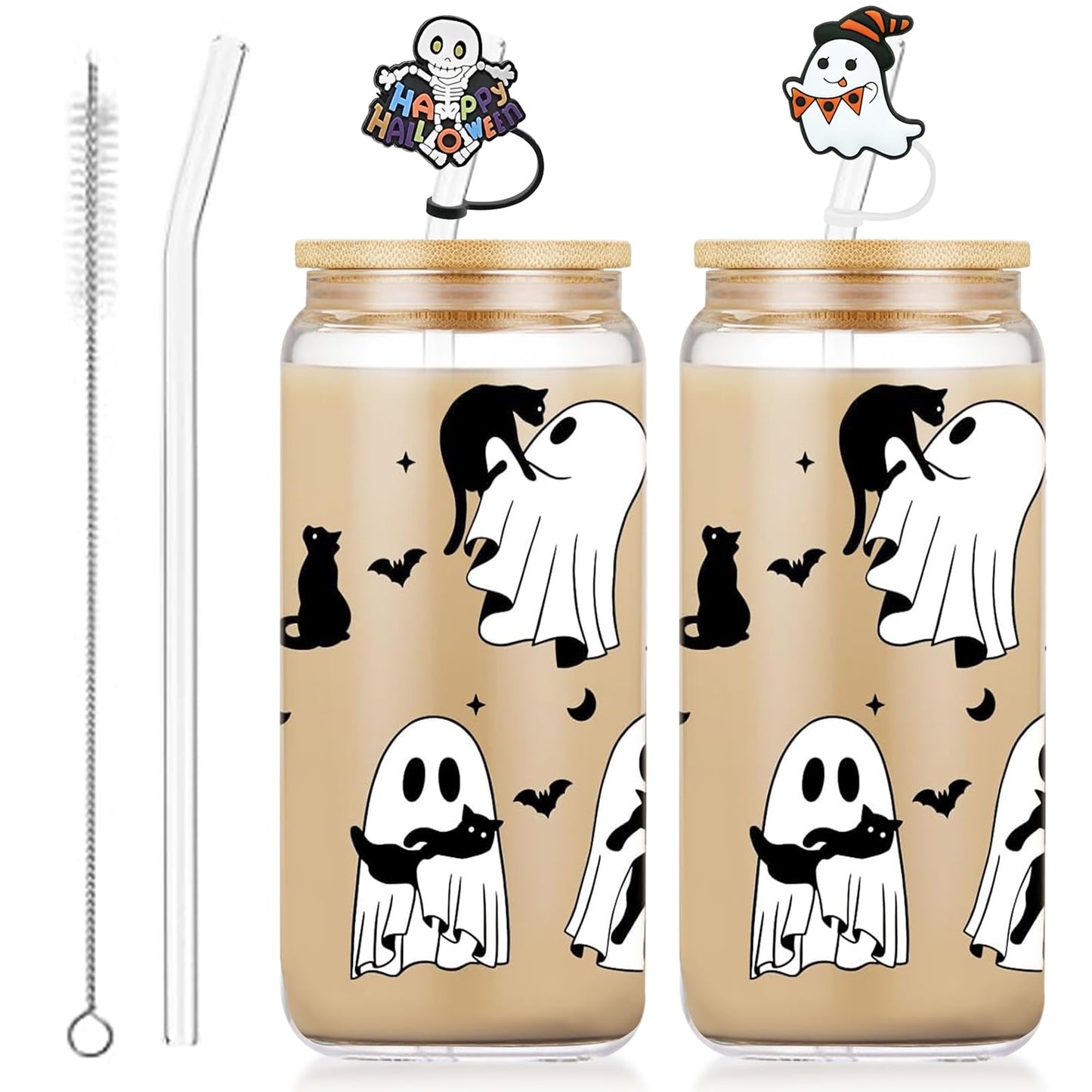 Halloween Glass Cups– 18oz Halloween Cups with Lid & Straw & Straw Covers, Ghost Tumbler Boo Basket Ghost Mug Iced Coffee Cup Decor Indoor