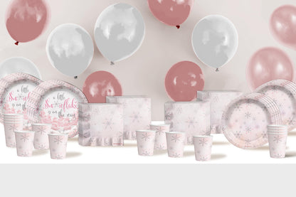 A Little Snowflake is On The Way Girl's Baby Shower Party Supplies - 64 Piece Winter Baby Shower Tableware Set Includes Large 9" Dinner Plates and 8" Dessert Paper Plates Napkins Cups - Kit for 16