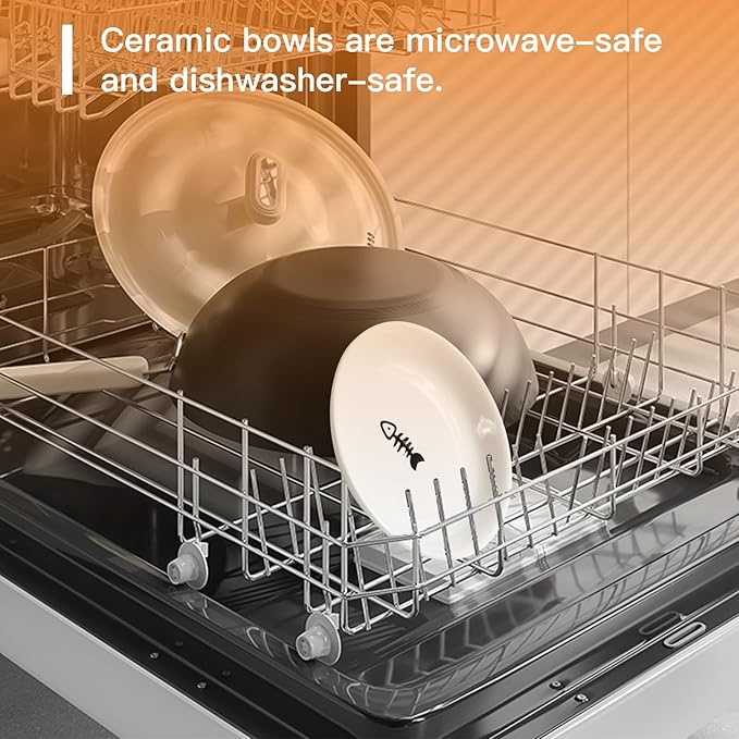Shallow Elevated Cat Bowls, 2, White (Fish Bone), Bamboo Stand | 5.9 Inch Wide, Ceramic Dishes, Whisker Friendly, Raised Pet Food, Adjustable