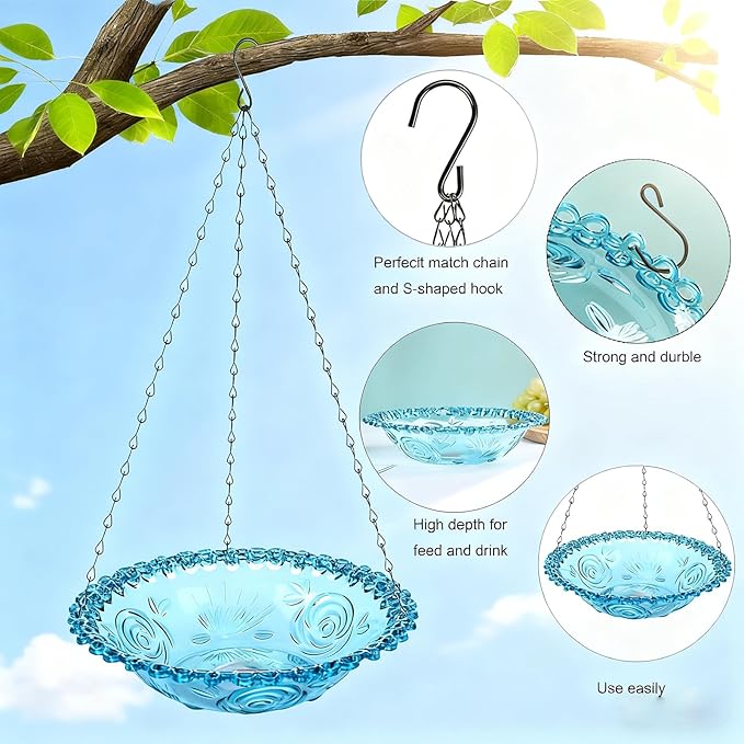 4 Pack Super Value Hanging Plastic Bird Baths and Feeders for Outdoors Bird Water Bowls and Seed Trays Set Attract Wild Birds Garden Yard Decor Gift (4 Pack Blue)