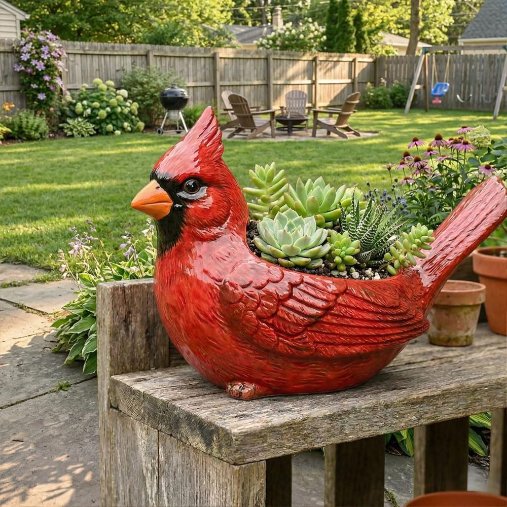 Cardinal Bird Succulent Planter, Resin Red Birds Plant Pot with Drainage Hole, Cardinal Flower Pot Decor for Indoor Outdoor Plants (A#)