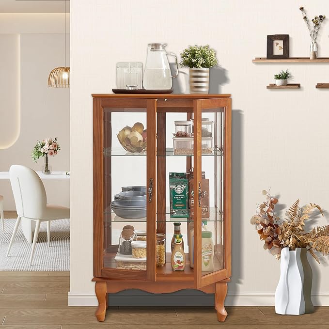 Curio Cabinet With Lighted Tall Leg Glass Door, Antique Display With Mirrored