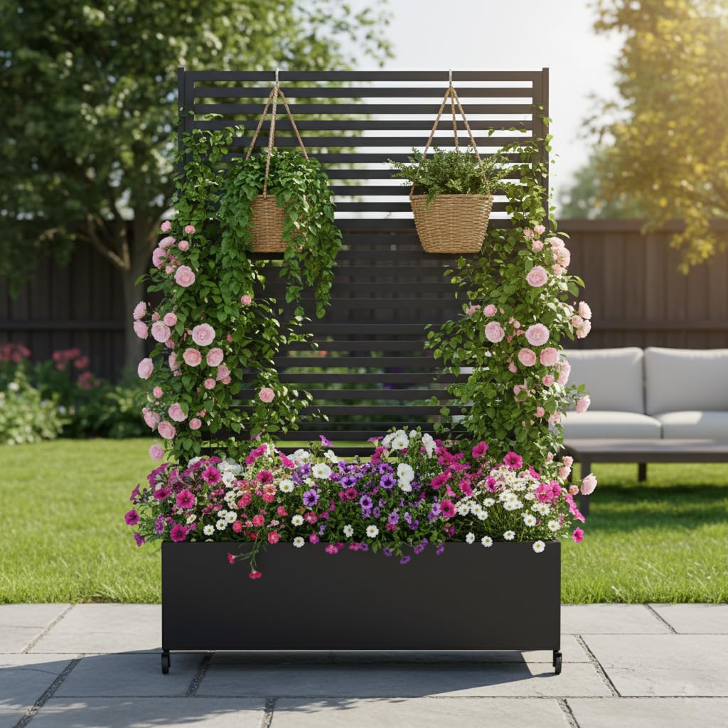 Sunnibety Metal Planter Box with Trellis Privacy Screen, Raised Garden Bed with Trellis & Wheels, Privacy Planters for Patio, Planter Box with Drainage Holes for Climbing Plants, 73"x 47"x 16", Black