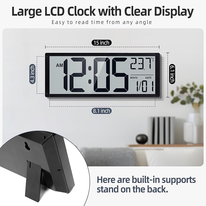 16" Large Digital Wall Clock Battery Operated with Big Display Numbers, Temperature and Date, Auto DST and Alarm, for Office, Classroom, Gym, Bedroom, Living Room