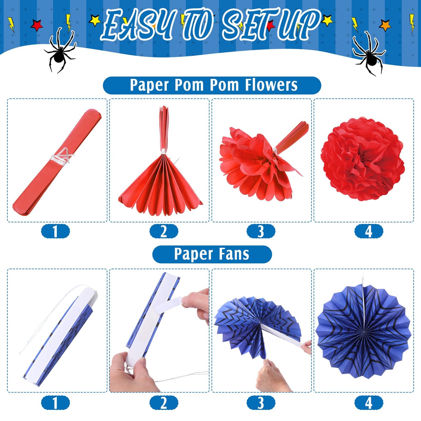 Blosssound 26 Pieces Spider Birthday Party Decorations - Paper Fans, Pompom Paper Flowers, Pre-Strung Pennant Banner, Dots Garland, Cards Set for Spider Web Super Themed Party Decor Supplies