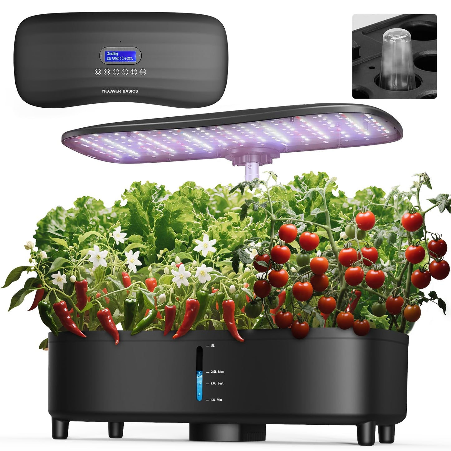 NEEWER Basics Silent Aeroponics Growing System Kit, Hydroponics with Atomization Tech LED Grow Light 3 Modes 15 Seed Pods Timer LCD, Indoor Gardening Plant Food Vegetable Herb Garden Planter, HGS02