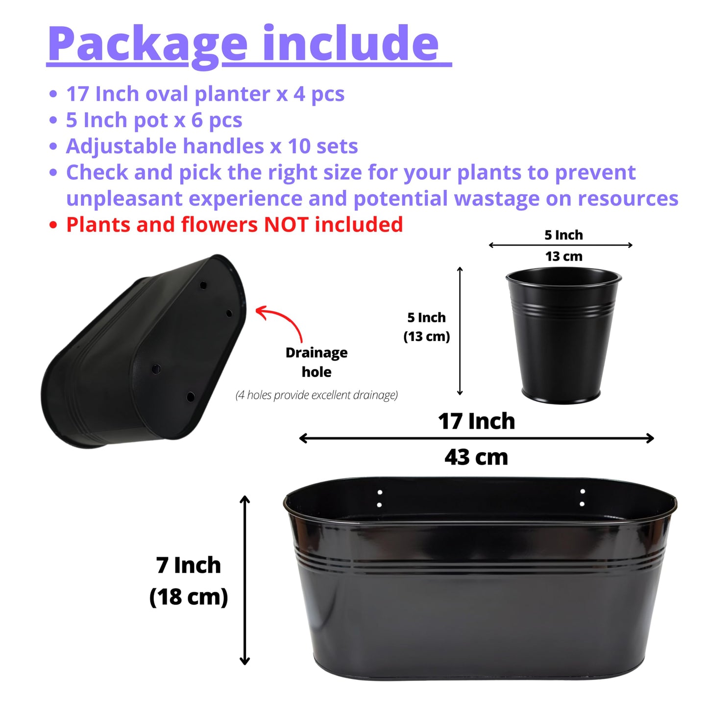 LaLaGreen 17 Inch Rail Planter (10-PIECE Combo Set) Large Black Metal Hanging Rail Fence Flower Pots, Modern Railing Planters for Outdoor Plants Garden Style Iron Patio Planters Deck Balcony Decor