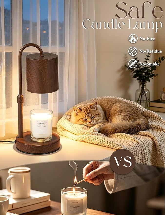 Briever Dimmable Candle Warmer Lamp with Timer, Height Adjustable Electric Candle Wax Warmer, Birthday Gifts for Women Mom, House Warming Gifts New Home Decor, Solid Wood Base, Walnut Wood Grain