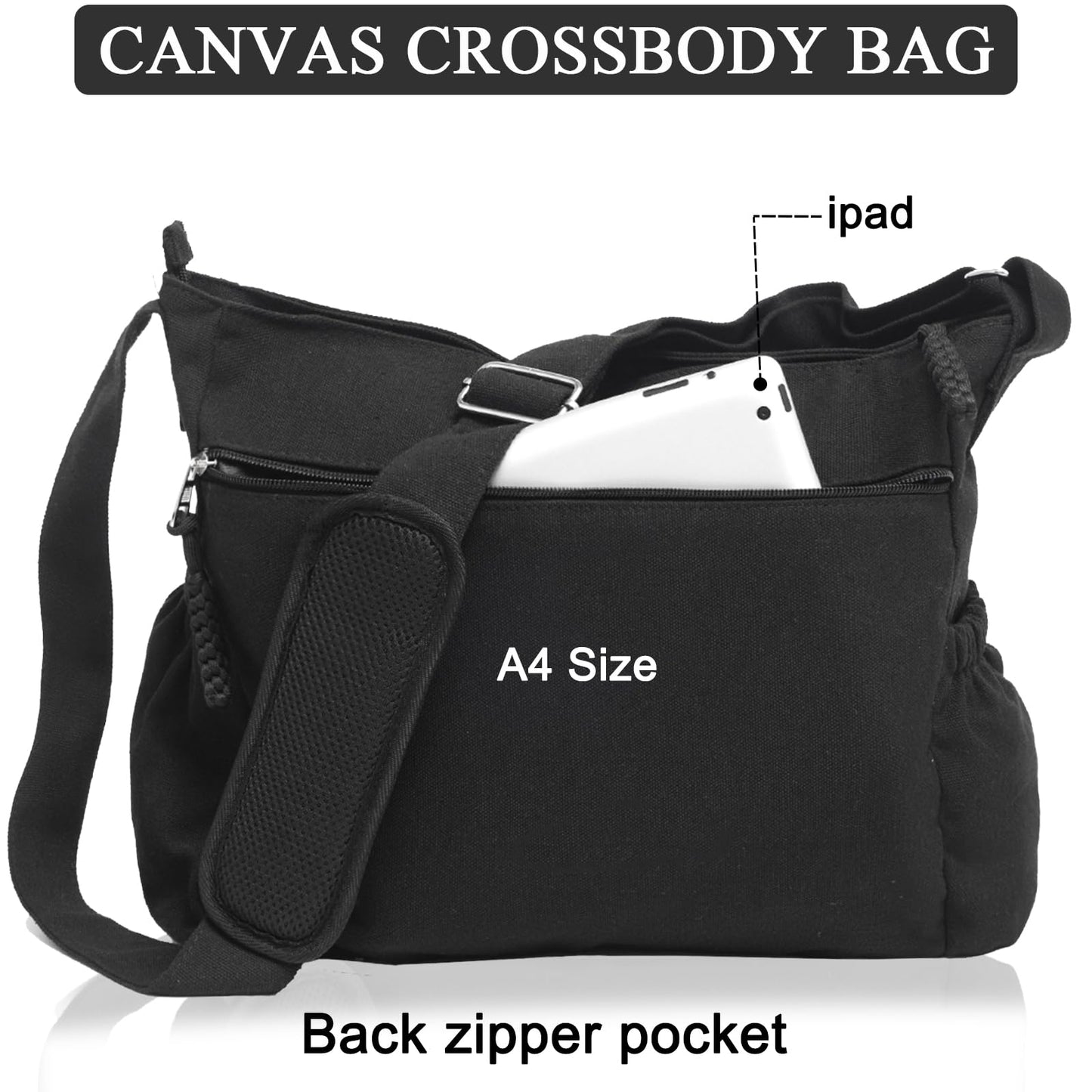 High Density Canvas Messenger Bag for Men/Women, 15 Inch Crossbody Shoulder Bag, Large Tote Bag for College/Travel/Work Daily Use（Black）