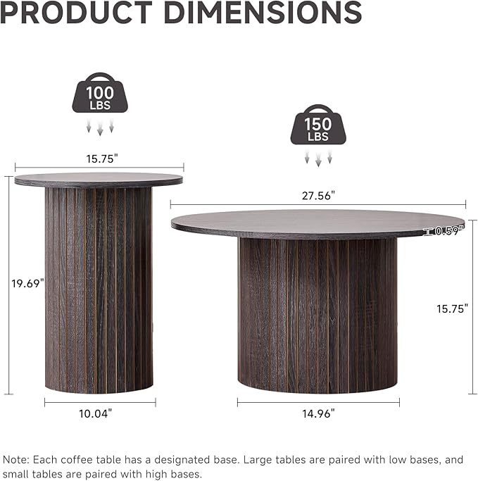 Round Nesting Coffee Table Set of 2 Mid Century Modern Wood Round Coffee Tables