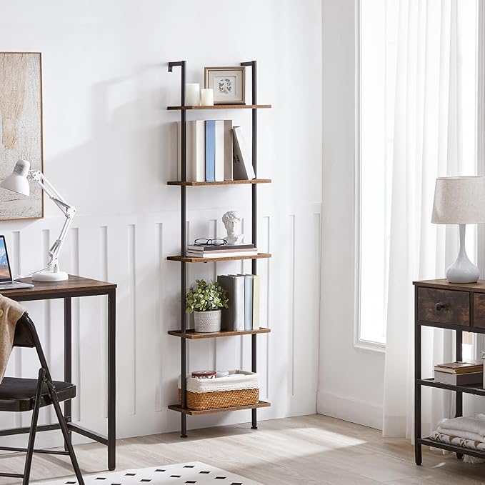 HOOBRO DIY Ladder Shelf, 5-Tier Wooden Wall Mounted Bookshelf, Narrow Bookcase