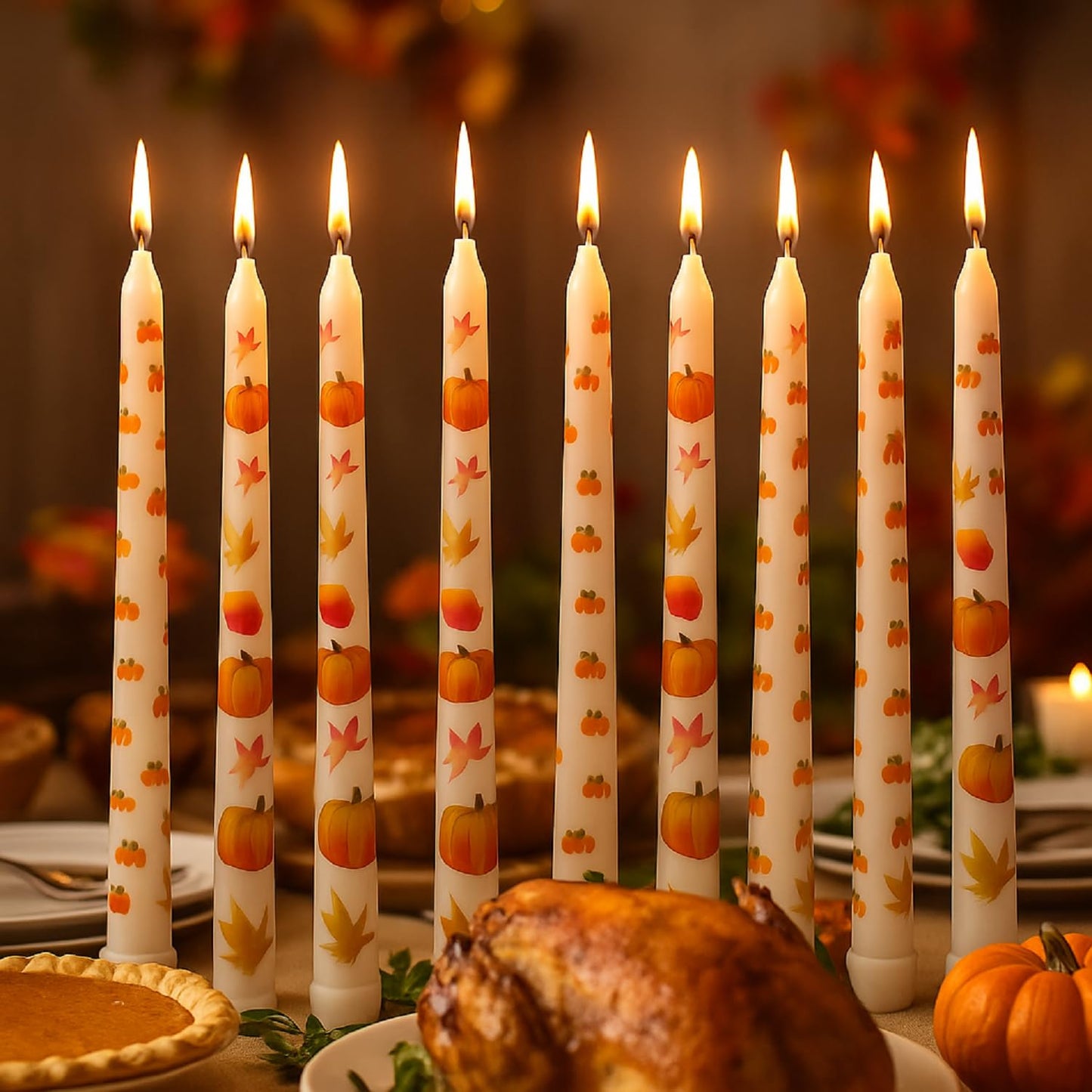 8 Pcs Fall Taper Candles 10'' Hand Painted Pumpkin Thanksgiving Taper Candles Autumn Maple Leaves Fall Halloween Decor Harvest Thanksgiving Decorations