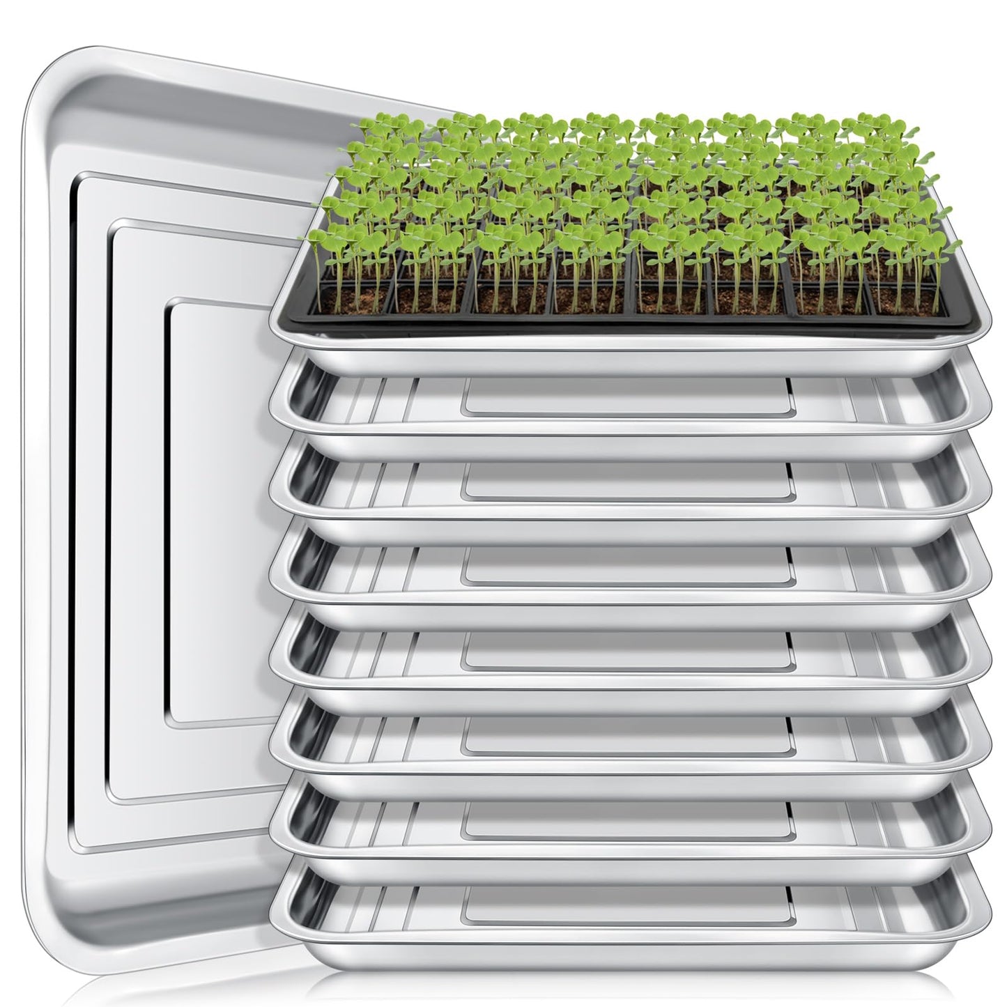 FillTouch 10 Pcs Stainless Steel Seed Starter Tray, Stainless Metal Garden Trays, Nursery Seedling Pots for Collection Transplantation & Propagation Flats, No Drain Holes(15.8 x 11.8 x 1.4 Inch)