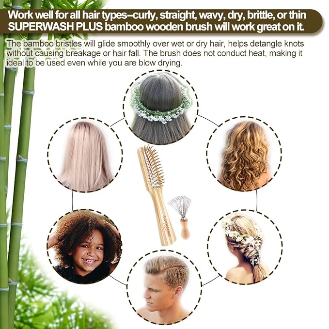 Bamboo Wood Hair Brush with Cleaning Rake for Women Men and Kids, Natural Bamboo Bristles Small Paddle Flat Hairbrush Fit All Types Hair