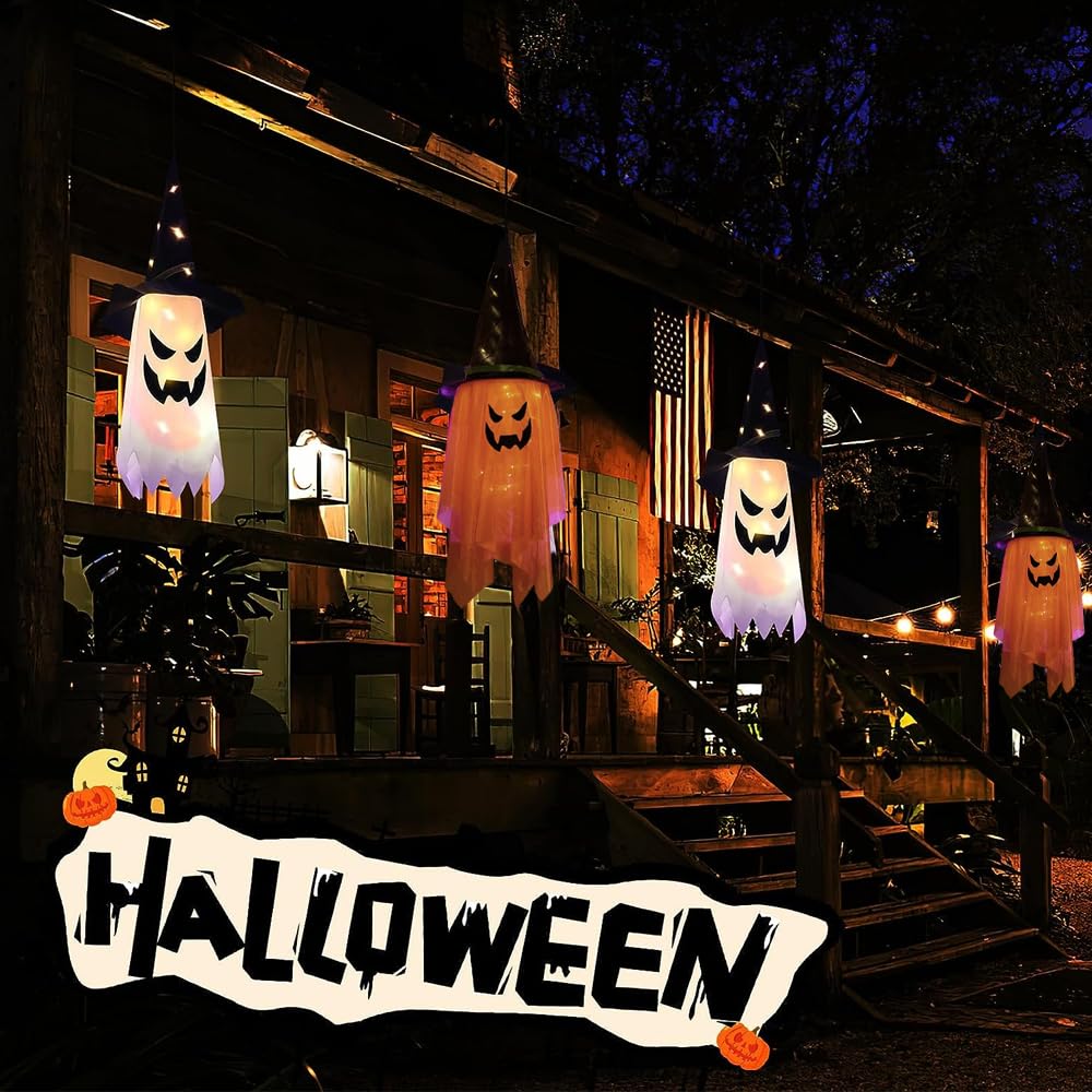 2PCS Hanging Lighted Glowing Ghost Witch Hat - 38 inch Length LED Decorations for Indoor/Outdoor Halloween Party Supplies