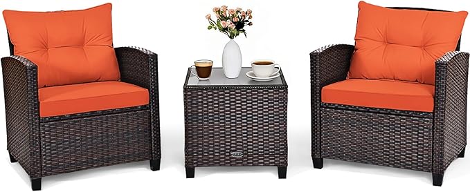 COSTWAY 3PCS Patio Furniture Set, PE Rattan Wicker Sofa w/Washable Cushion and