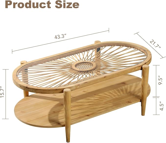 RUSTOWN Rattan Coffee Tables, 2-Tier Oval Boho Cocktail Tables, Mid Century