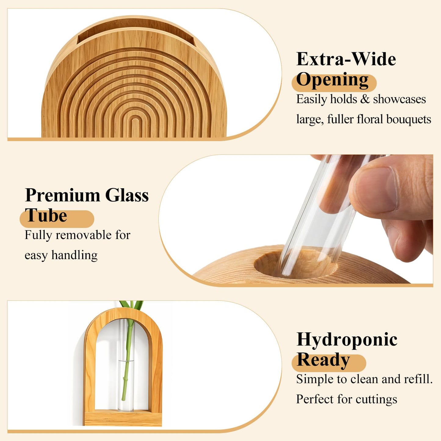 TBWIND Wooden Wall Vases Set of 3, Modern Farmhouse Arch Propagation Station with Glass Planter Tubes, Boho Fluted Hanging Decor for Entryway, Living Room & Narrow Spaces (Natural)