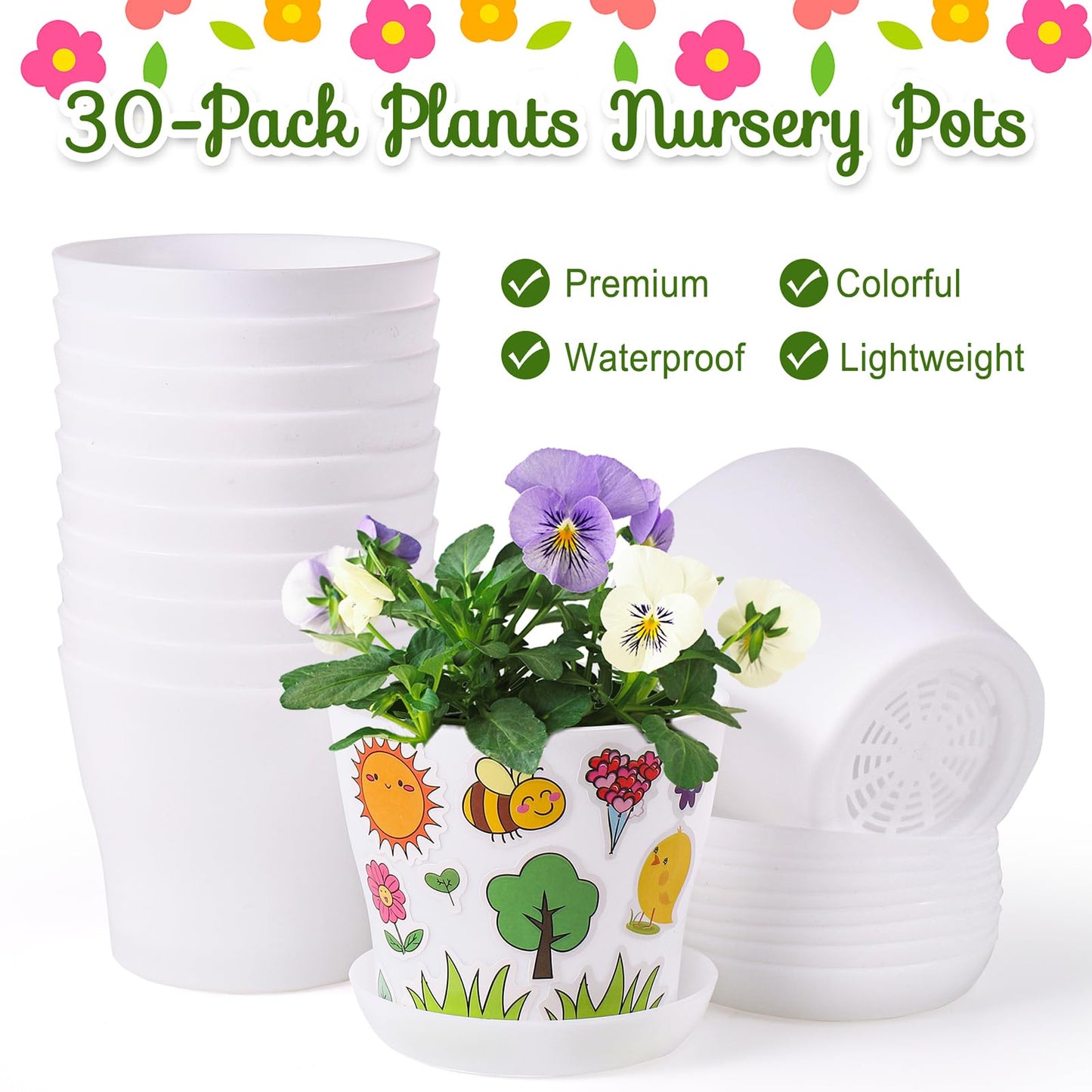 Aweyka 30 Pack Garden Plastic Pot Craft Kit DIY Flower Plant Crafts Nursery Pots with Stickers Flower Planting Growing Kit for Spring Summer Home Classroom School Creative DIY Art Project Activities