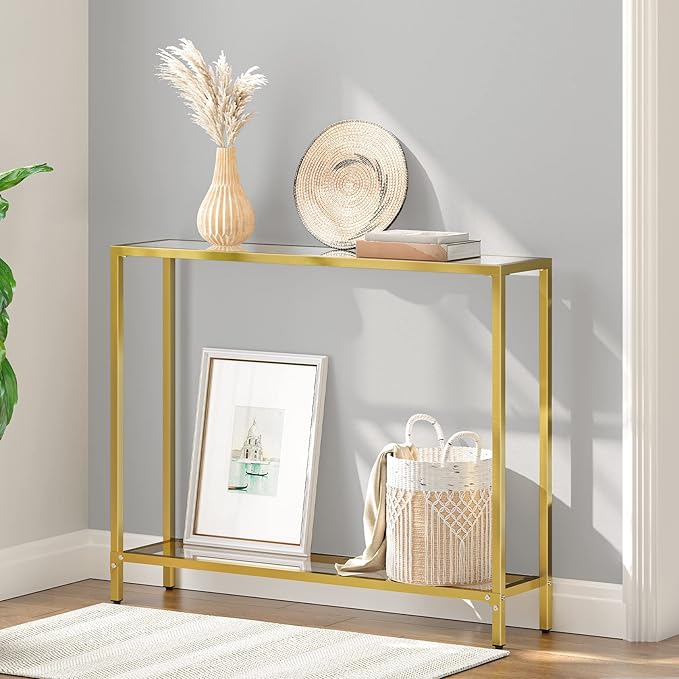 HOOBRO 39.4" Narrow Console Table, Tempered Glass Sofa Table, Behind Couch