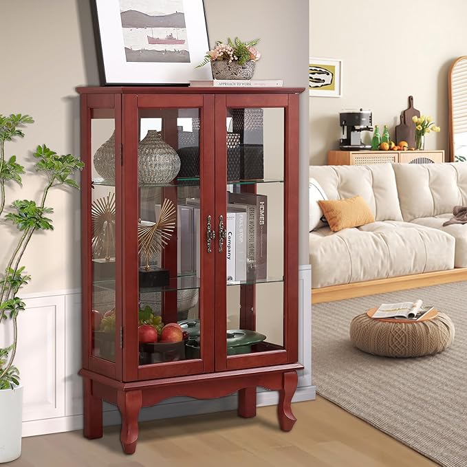 Curio Cabinet With Lighted Tall Leg Glass Door, Antique Display With Mirrored