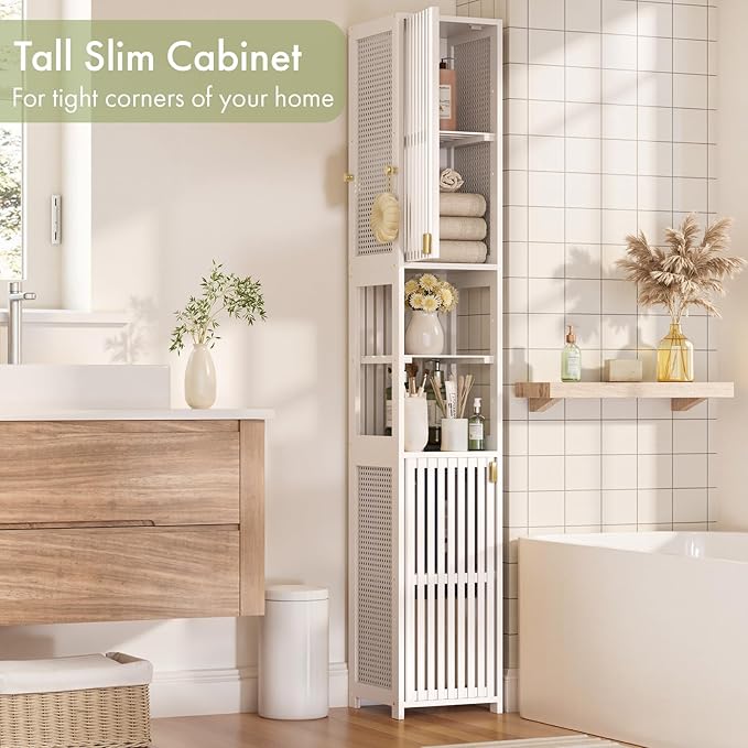 Amazer White Bathroom Storage Cabinet 70'', Bamboo Slim Storage Cabinet