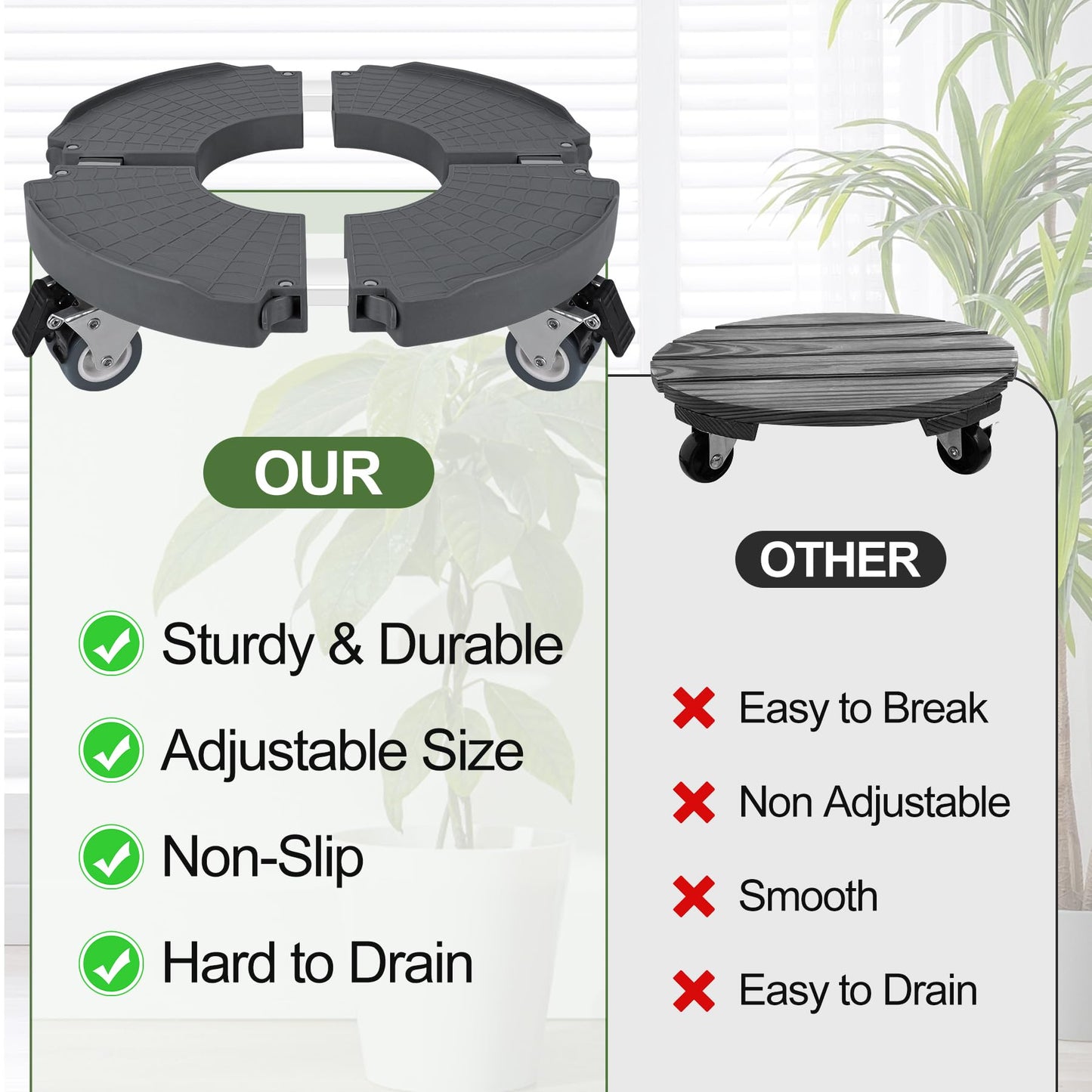 ToLanbbt Plant Caddy Stand with 360° Wheels Adjustable 15-22 Inch Rolling Plant Stand Heavy Duty Large Plant Cart Dolly with Casters 440lbs Capacity for Large Planter, Garden Pot, Flower Pot, Gray, 1P
