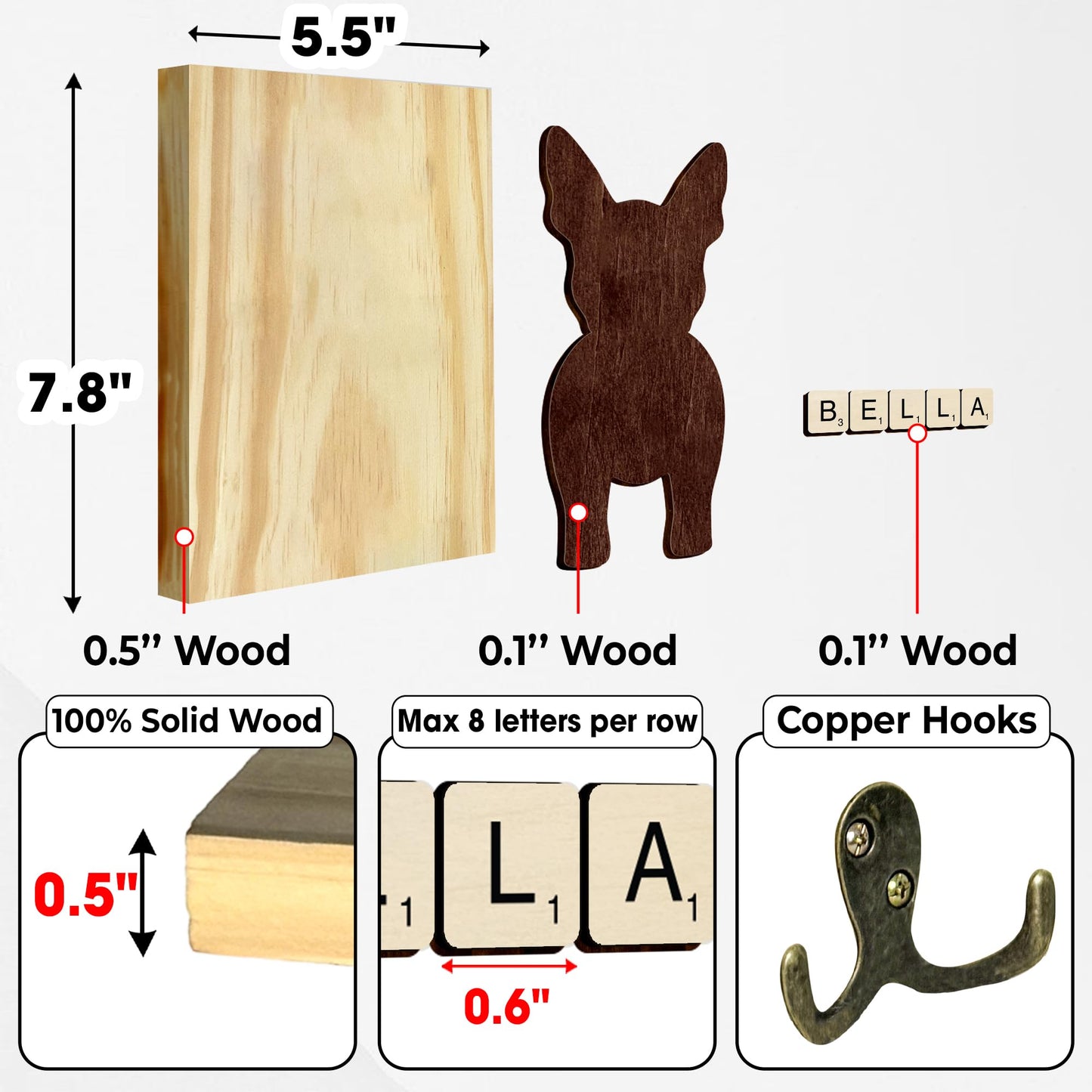 Boston Terrier Dog Leash Holder Wall Mount with Scrabble Letters, Wooden Dog Hook Organizer, Pet Collar and Harness Holder, Key and Leash Rack for Entryway, Gift for Pet Lovers, Home Decor PF297-15