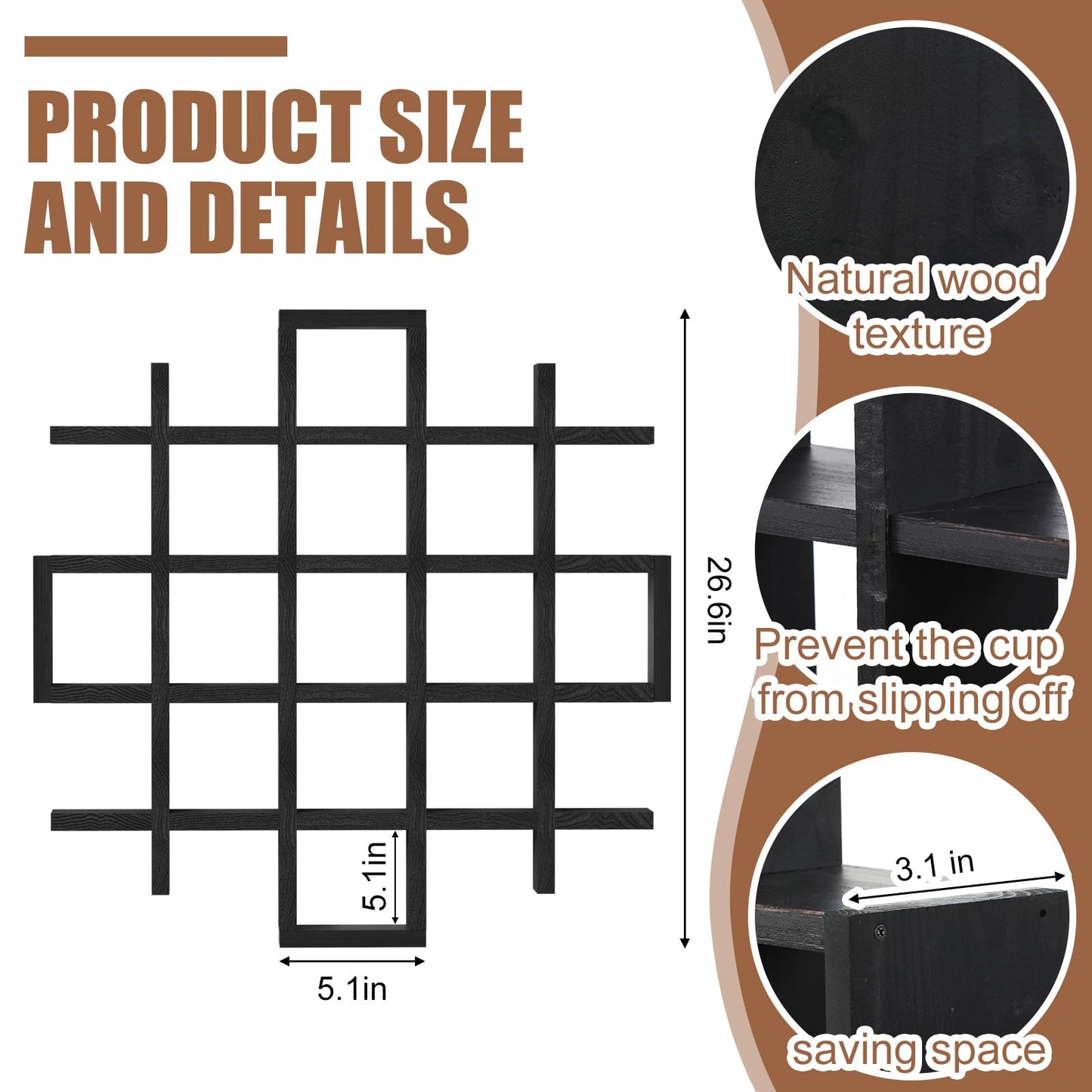 Suzile Oversize Coffee Mug Display Rack Wooden Display Shelves Rustic Wooden Floating Curio Shelf Travel Wall Mounted Coffee Mug Rack Holder Shadow Box Shelf(5.1x5.1x3in,Black)