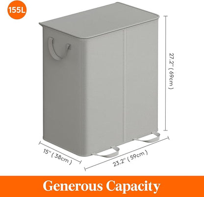 Lifewit Double Laundry Hamper with Lid and Removable Laundry Bags, Large Collapsible 2 Dividers Dirty Clothes Basket with Handles for Bedroom Laundry Room Closet Bathroom College, 155L Silver Gray