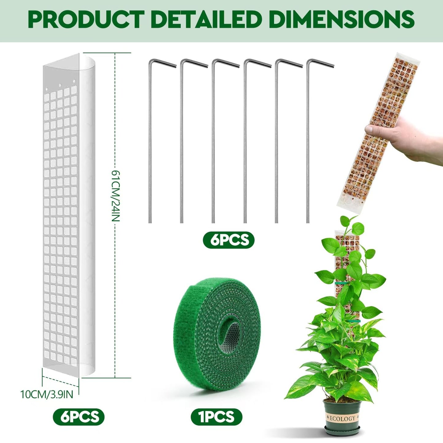 YSKS 6 Pcs 24-inch Plastic Moss Poles for Plants ，Moss Poles for Climbing Plants, Indoor Plant Support Work with Sphagnum muss